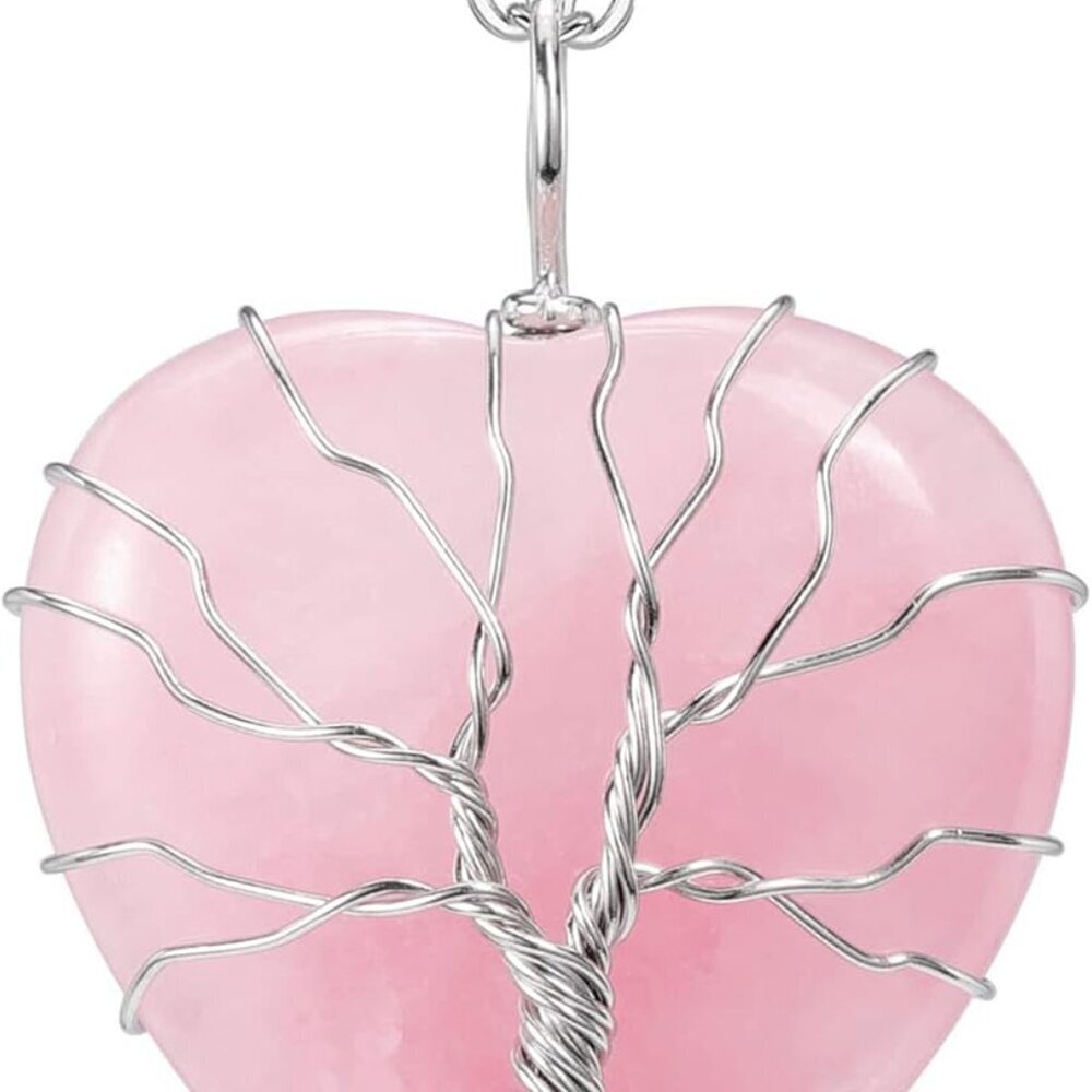 Natural Rose Quartz Healing Crytal Necklace Silver Life Tree Wire Wrapped Heart